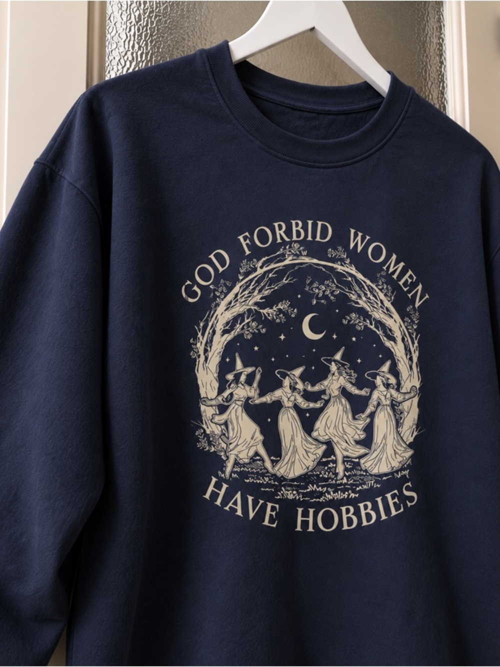 God Forbid Women Witches Circle Dancing Under Moon Graphic Navy Sweatshirt - Picture 2 of 3